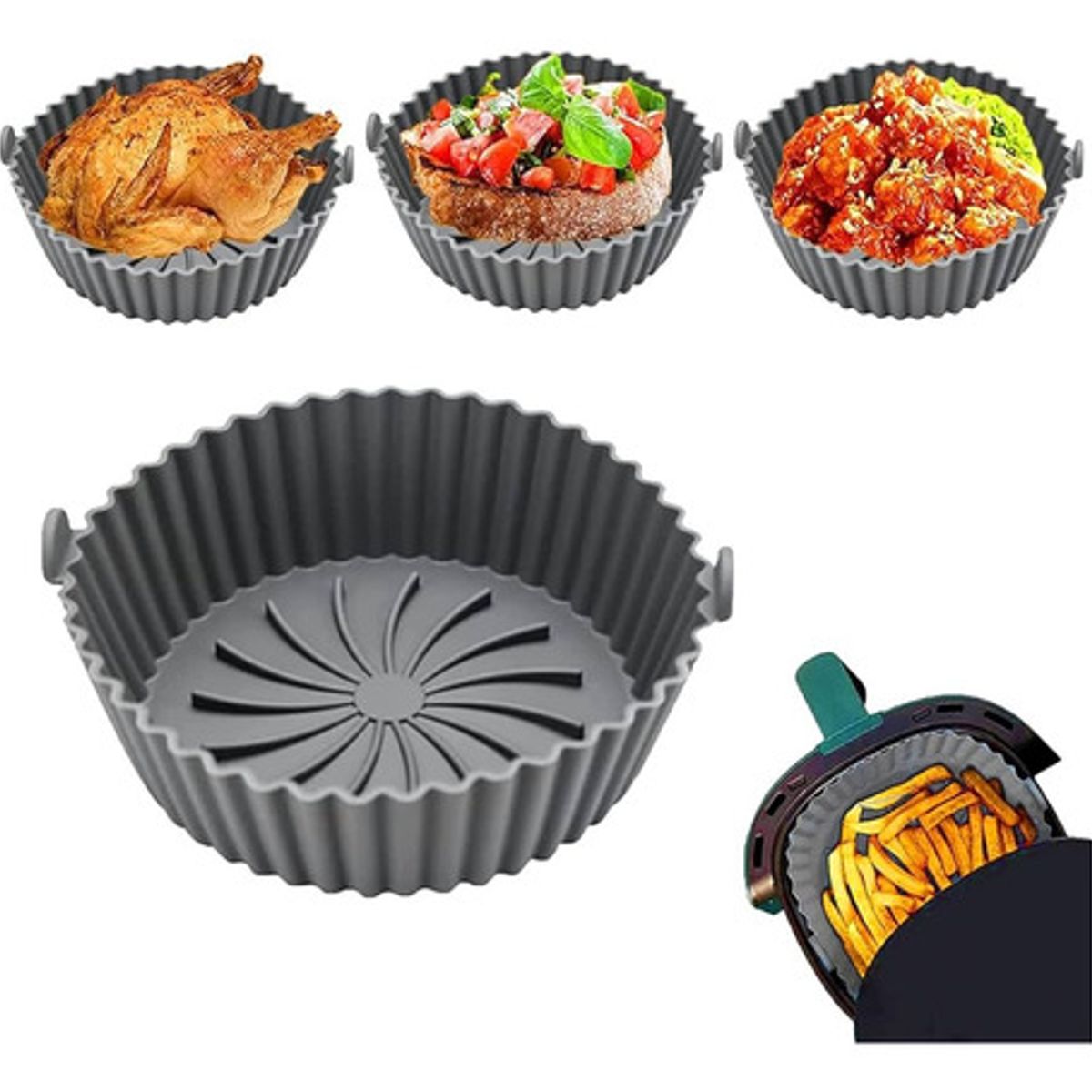 HOGAR & SPACIOS - Canastilla Silicona Olla Freidora Air Fryer Reutilizable gris