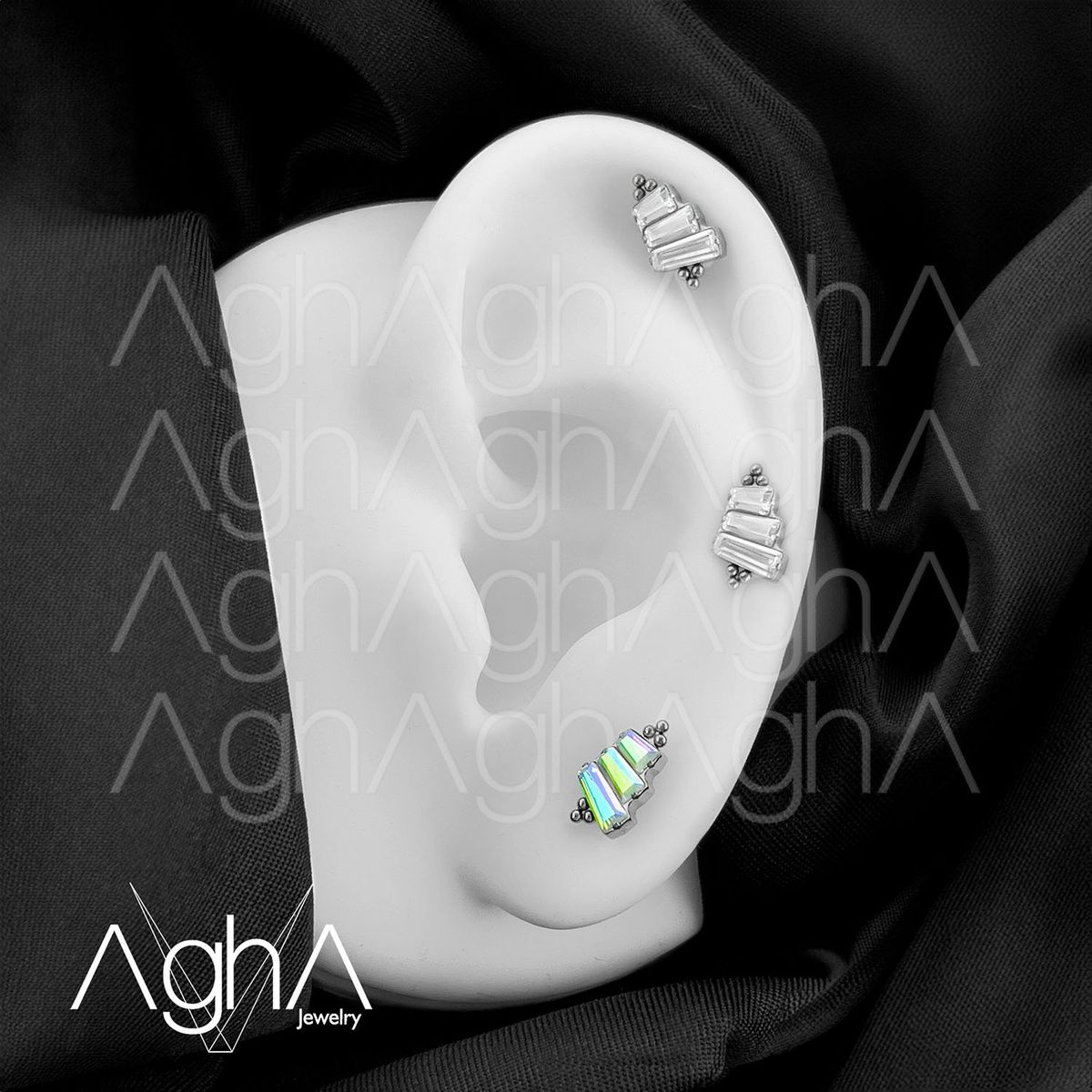 AGHA JEWELRY - Titanio Arete piercing Triple Baguette Bead Cristal Zirconia Cúbica para Lóbulo