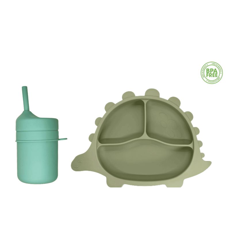 GENERICO - VASO SILICONA + PLATO ANTIDERRAME BEBÉ- VERDE OLIVA-MENTA
