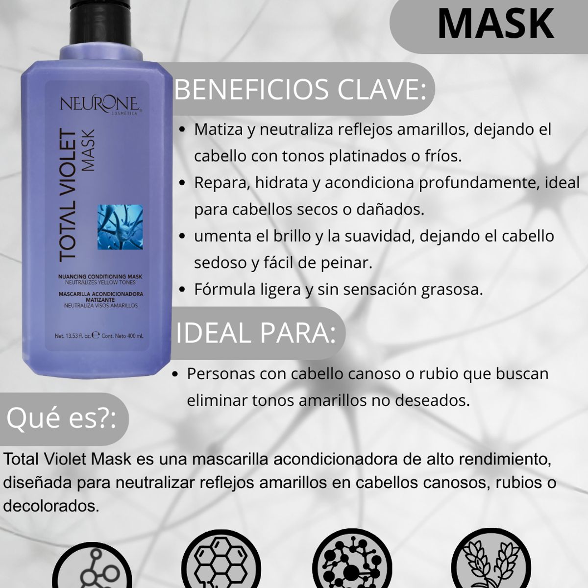 NEURONE COSMETICA - Neurone Total Violet Mask 400ml - Mascarilla Matizadora y Reparadora