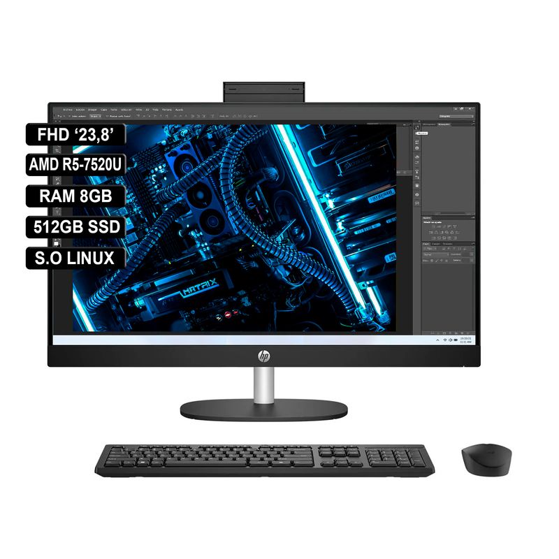 HP - AIO HP 238 FHD AMD R5-7520U RAM 8GB - 512GB SSD Negro