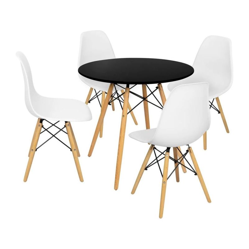 MOBLIHOUSE - Kit Mesa Eames Minimalista Negra Y 4 Sillas Eames Blancas
