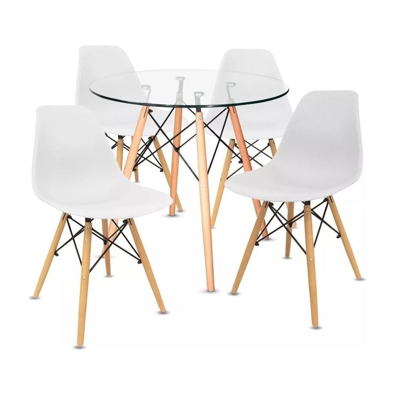 MOBLIHOUSE - Kit Mesa Eames Minimalista Vidrio Y 4 Sillas Eames Blancas