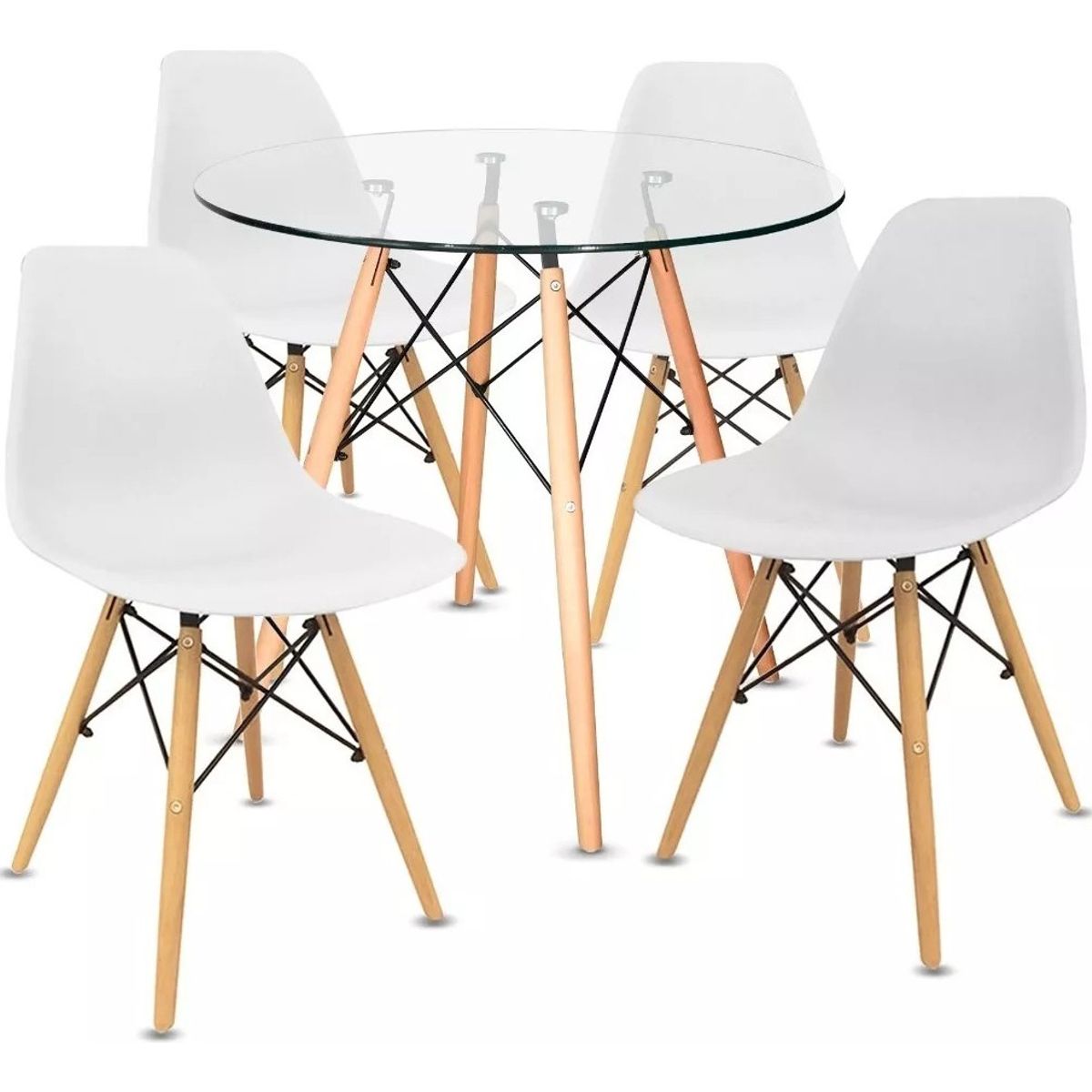 MOBLIHOUSE - Kit Mesa Eames Minimalista Vidrio Y 4 Sillas Eames Blancas