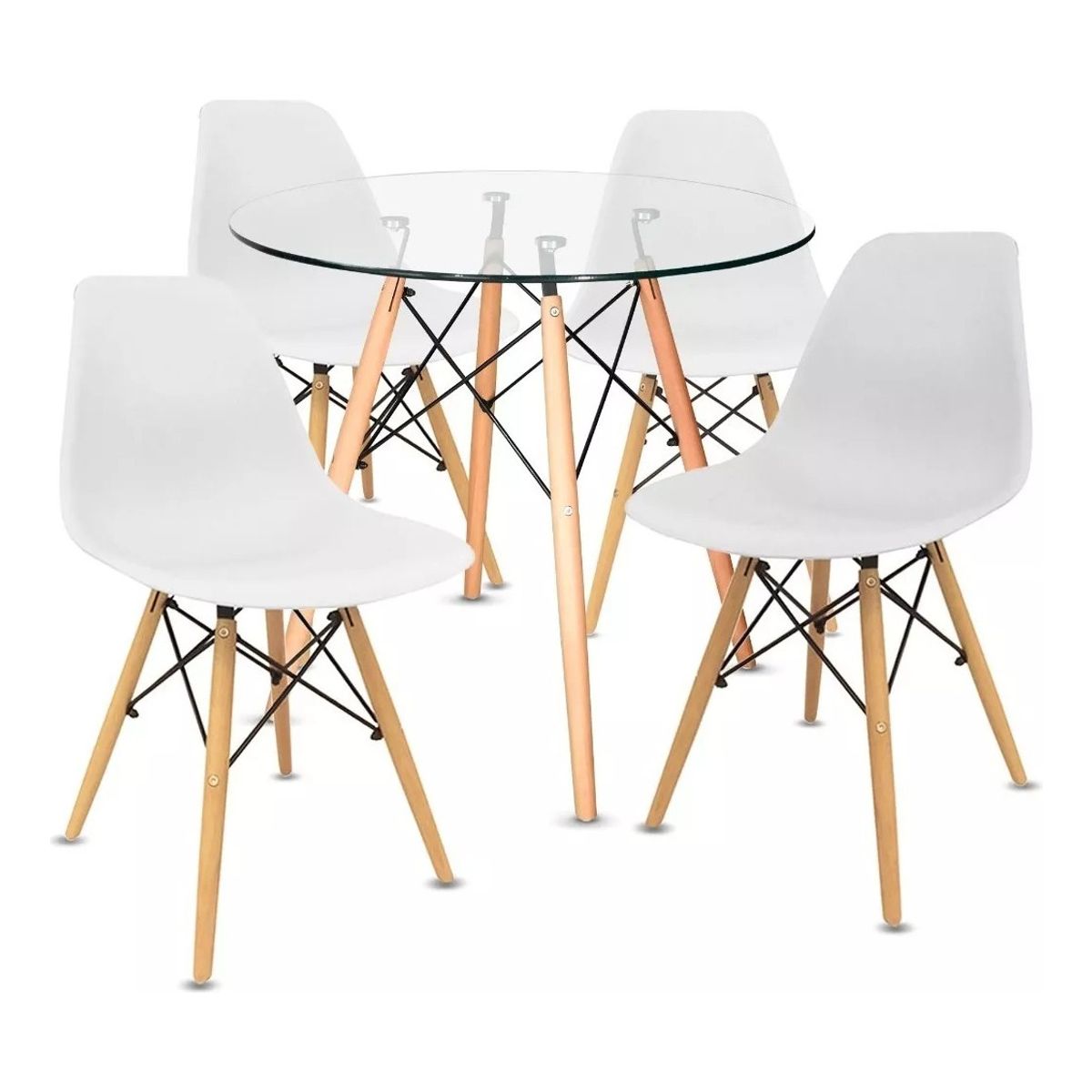MOBLIHOUSE - Kit Mesa Eames Minimalista Vidrio Y 4 Sillas Eames Blancas
