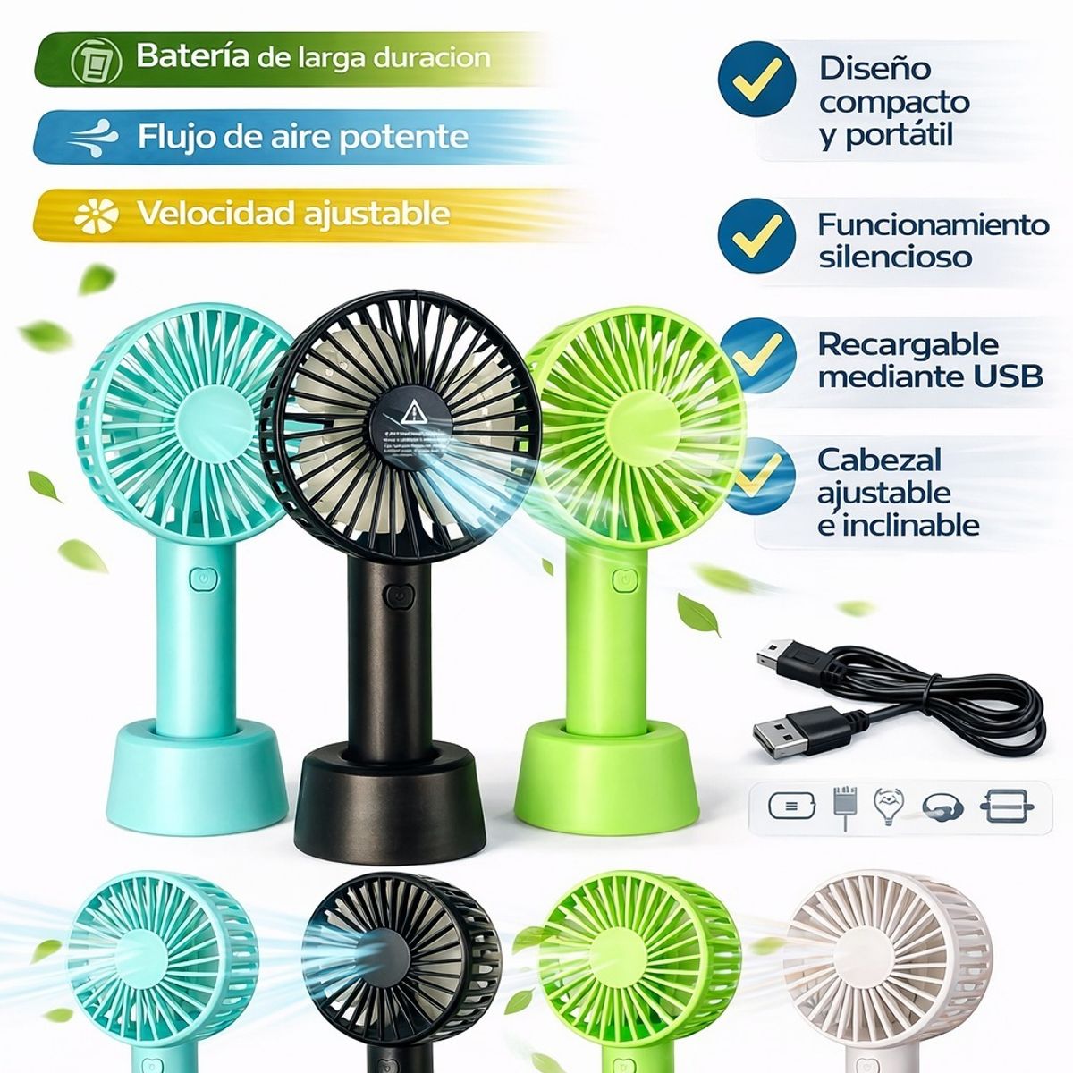 GENERICO - Mini Ventilador Portátil Recargable USB para Mesa u Oficina Compacto y Silencioso