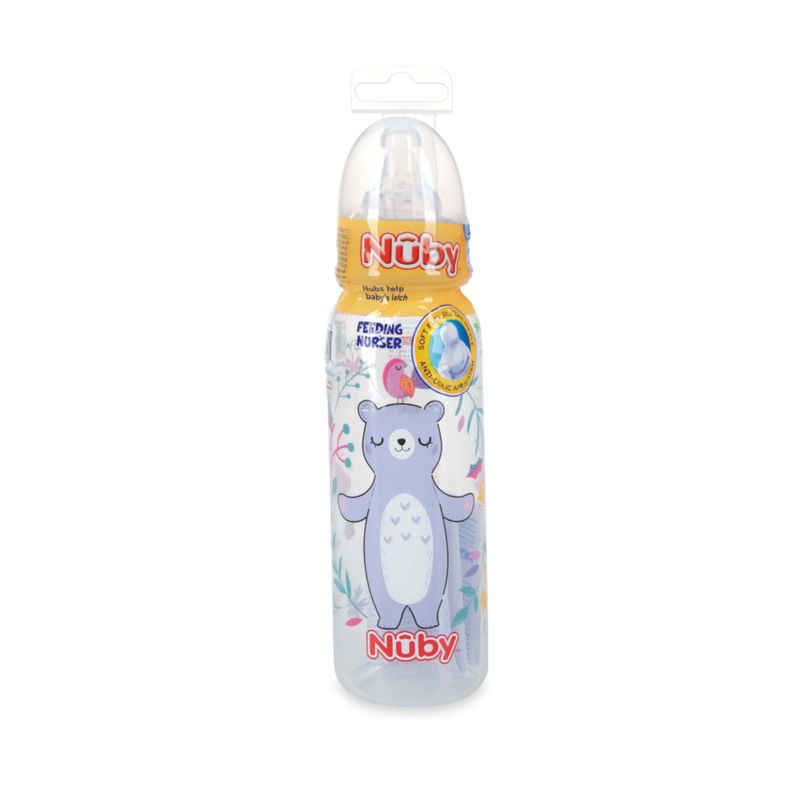 NUBY - Botella Redonda Transparente 240Ml Osa - Tetina De Silicona
