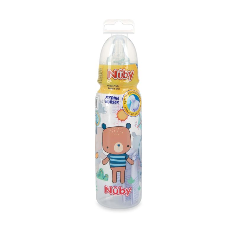 NUBY - Botella Redonda Transparente 240Ml Oso - Tetina De Silicona