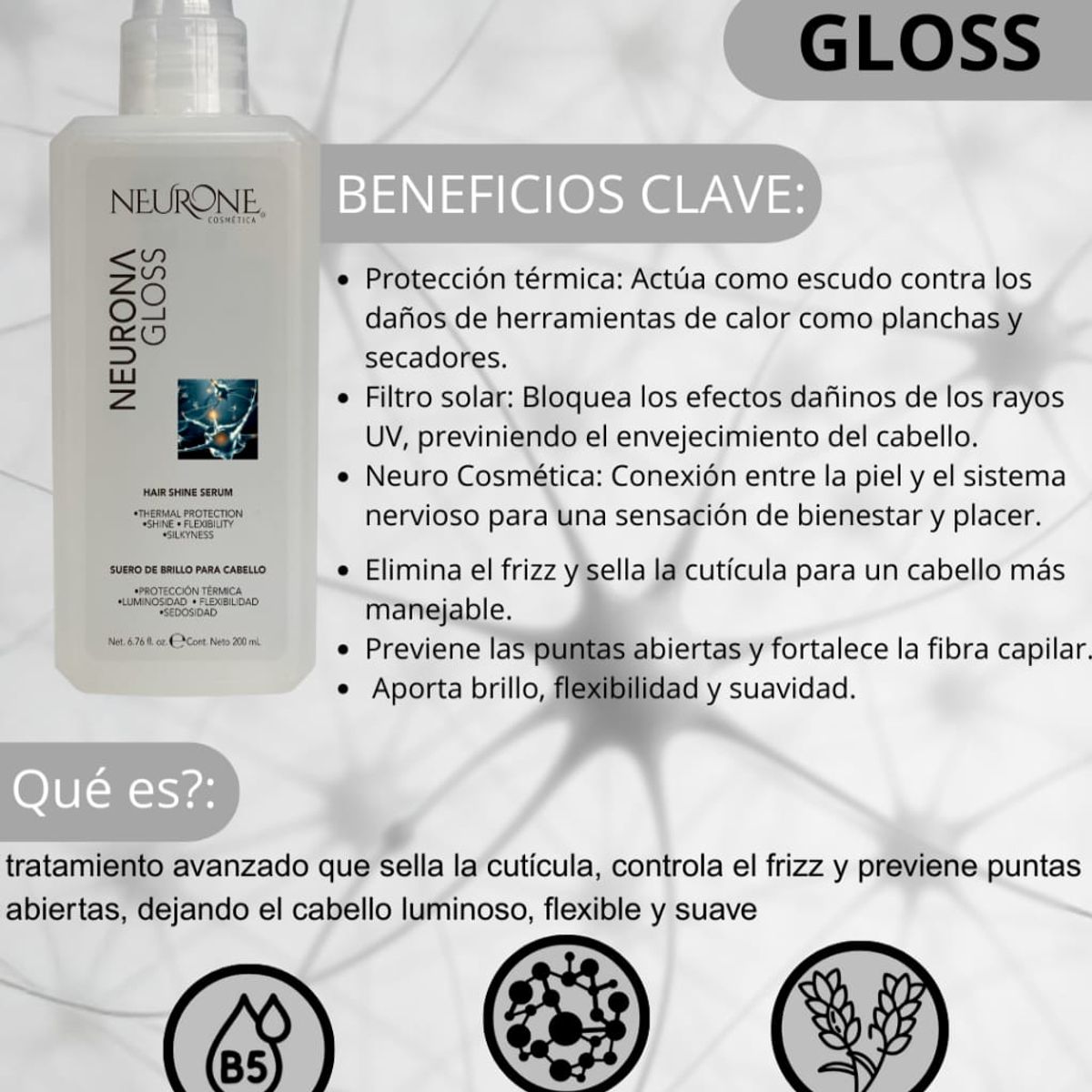 NEURONE COSMETICA - Neurone Neurona Gloss 200ml-Tratamiento Antifrizz y Protección Térmica