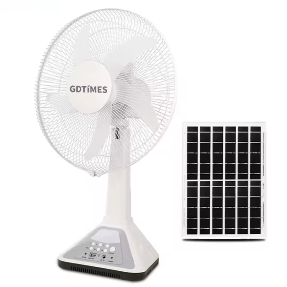 GENERICO - Ventilador Recargable Silencioso Panel Solar Luz Gd- 314 14" con Banco Carga USB 3 Velocidades