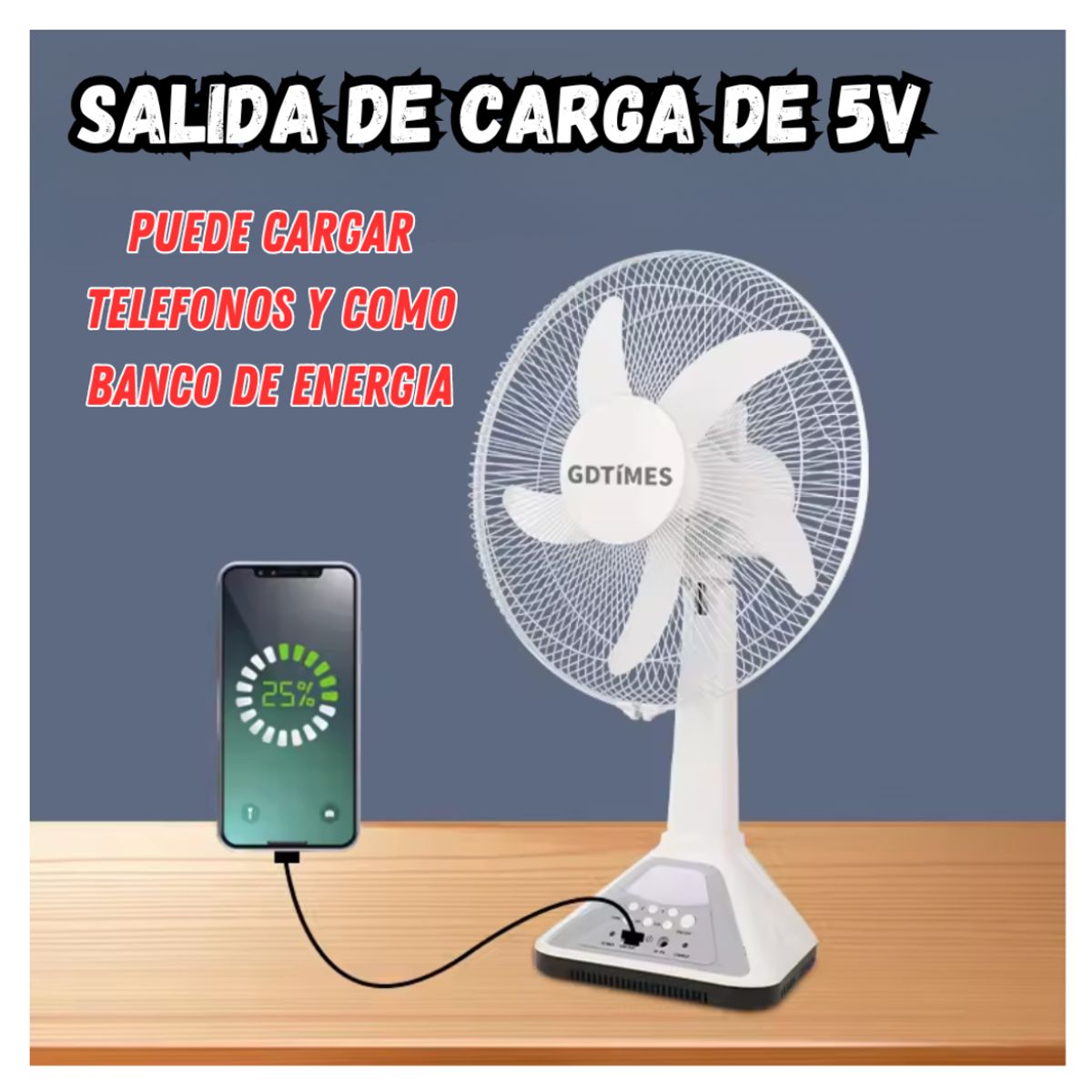 GENERICO - Ventilador Recargable Silencioso Panel Solar Luz Gd- 314 14" con Banco Carga USB 3 Velocidades