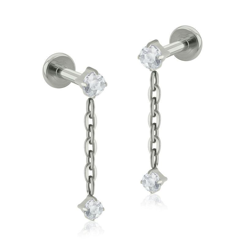 AGHA JEWELRY - Titanio Arete Piercing Cadena con Doble Cristal Zirconia Cúbica para Lóbulo