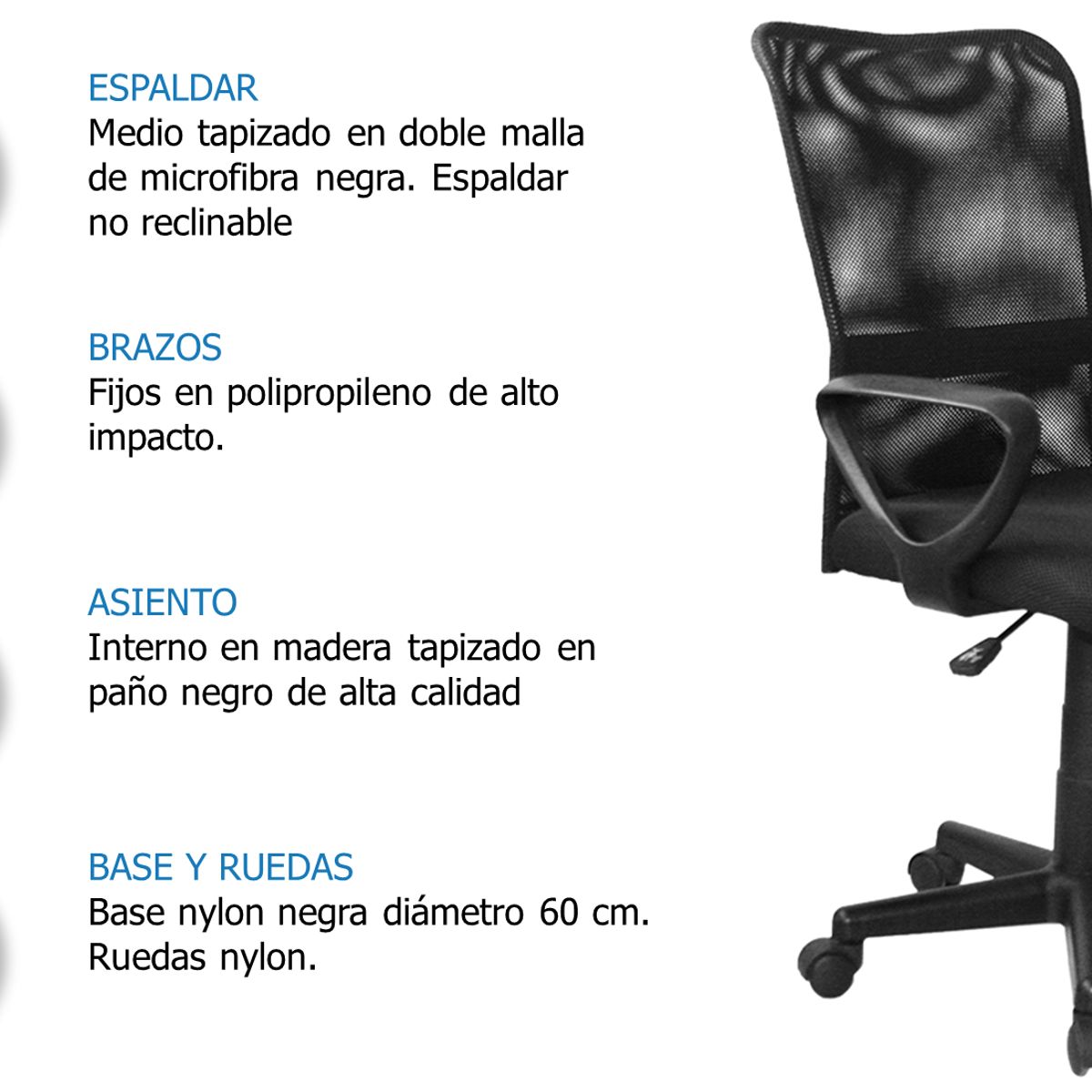 GENERICO - Silla De Escritorio Eslovenia Negra brazos fijos - Mobili shop