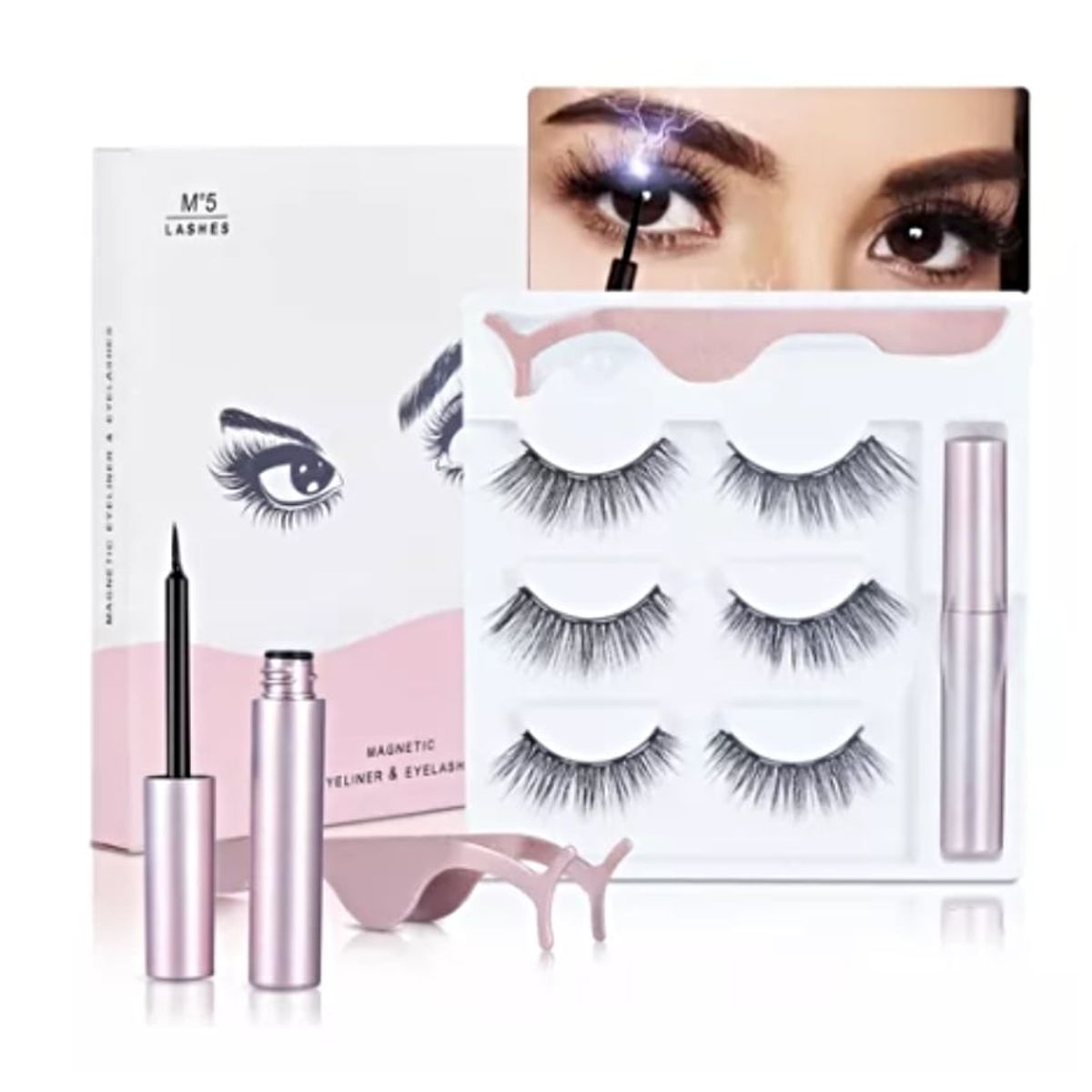 GENERICO - Kit Pestañas Magneticas 3 pares con Delineador Negro