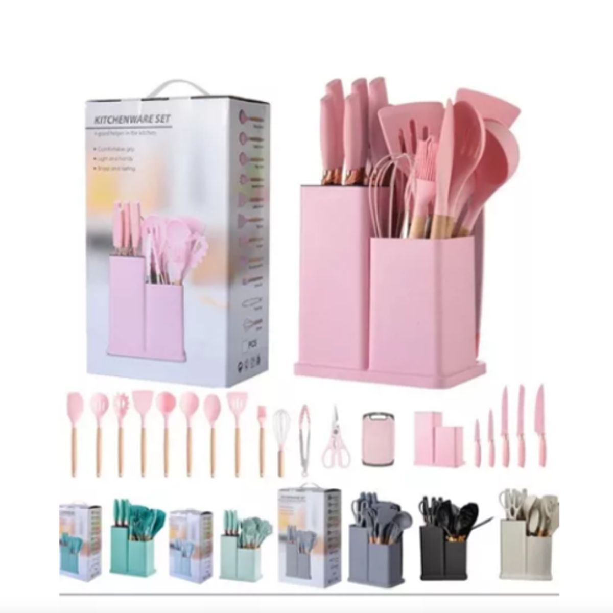 SHELL - Set De Utensilios De Cocina Silicona Y Cuchillos Tabla 19pcs
