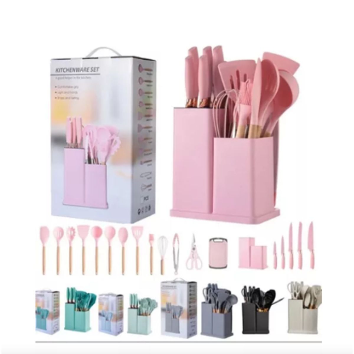 SHELL - Set De Utensilios De Cocina Silicona Y Cuchillos Tabla 19pcs