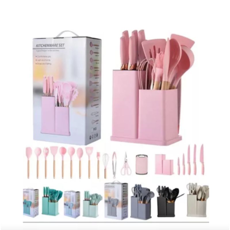 SHELL - Set De Utensilios De Cocina Silicona Y Cuchillos Tabla 19pcs