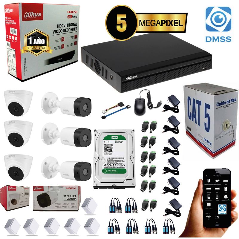 DAHUA - KIT DAHUA CAMARAS DE SEGURIDAD 5MP DVR 8 CH + 6 CAMARAS CCTV