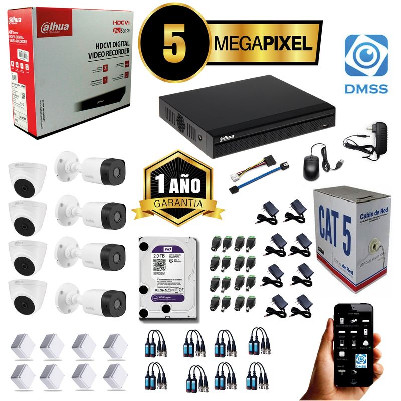 DAHUA - KIT DAHUA CAMARAS DE SEGURIDAD 5MP DVR 16 CH + 8 CAMARAS + DISCO 4 TB
