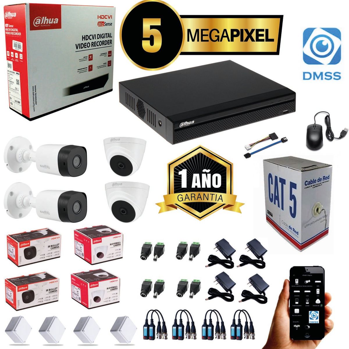 DAHUA - KIT DAHUA CAMARAS DE SEGURIDAD 5MP DVR 4 CH + 4 CAMARAS