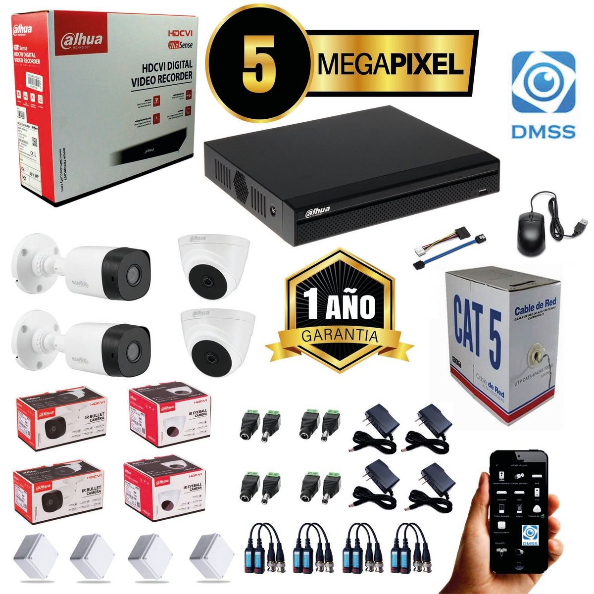 DAHUA - KIT DAHUA CAMARAS DE SEGURIDAD 5MP DVR 4 CH + 4 CAMARAS
