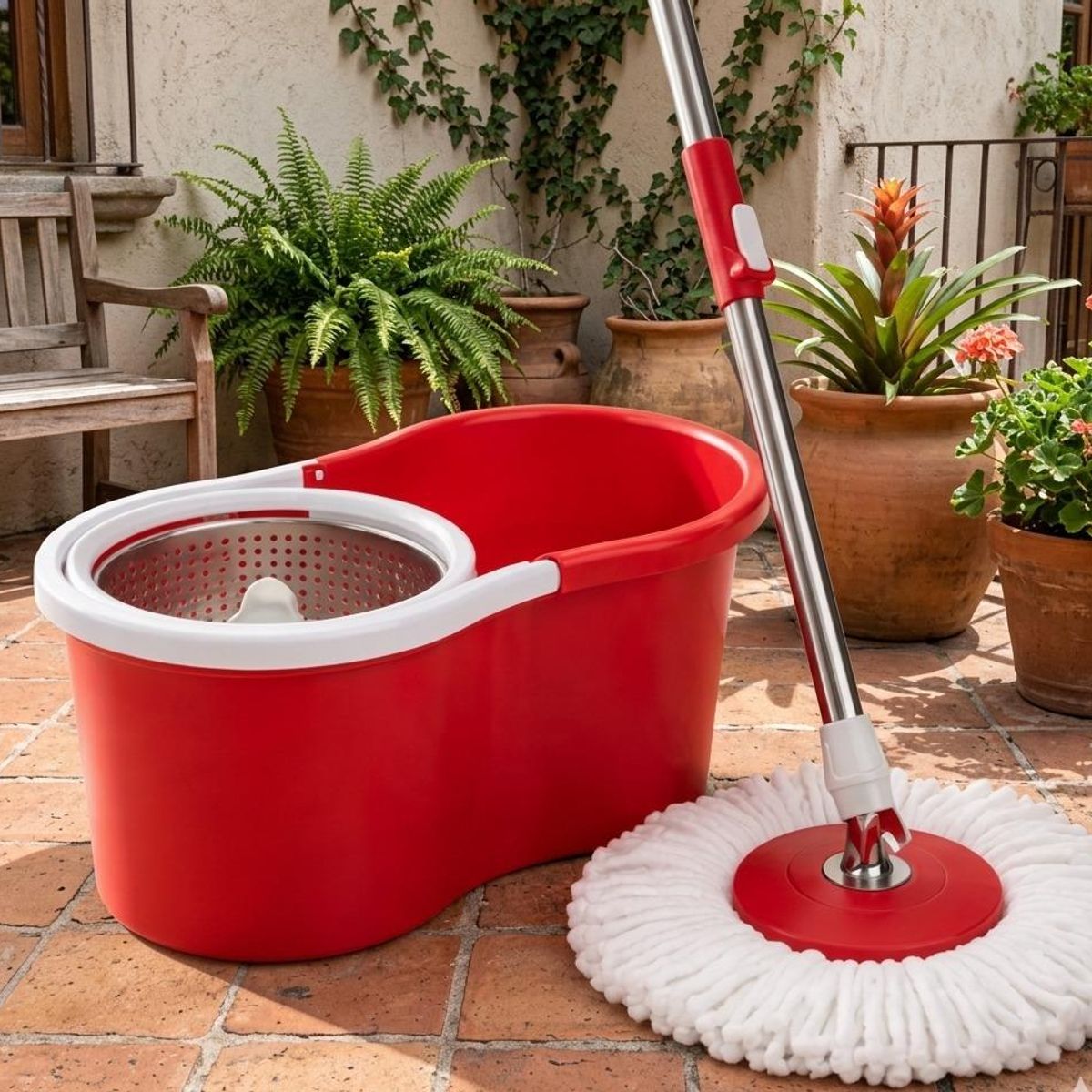 INFANTILES CAJUROMIX - Trapero Giratorio 360 Acero Inoxidable + Repuesto Con Balde Rojo