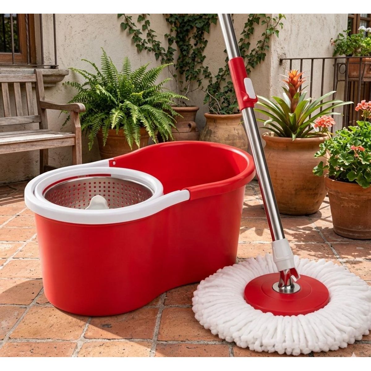 INFANTILES CAJUROMIX - Trapero Giratorio 360 Acero Inoxidable + Repuesto Con Balde Rojo