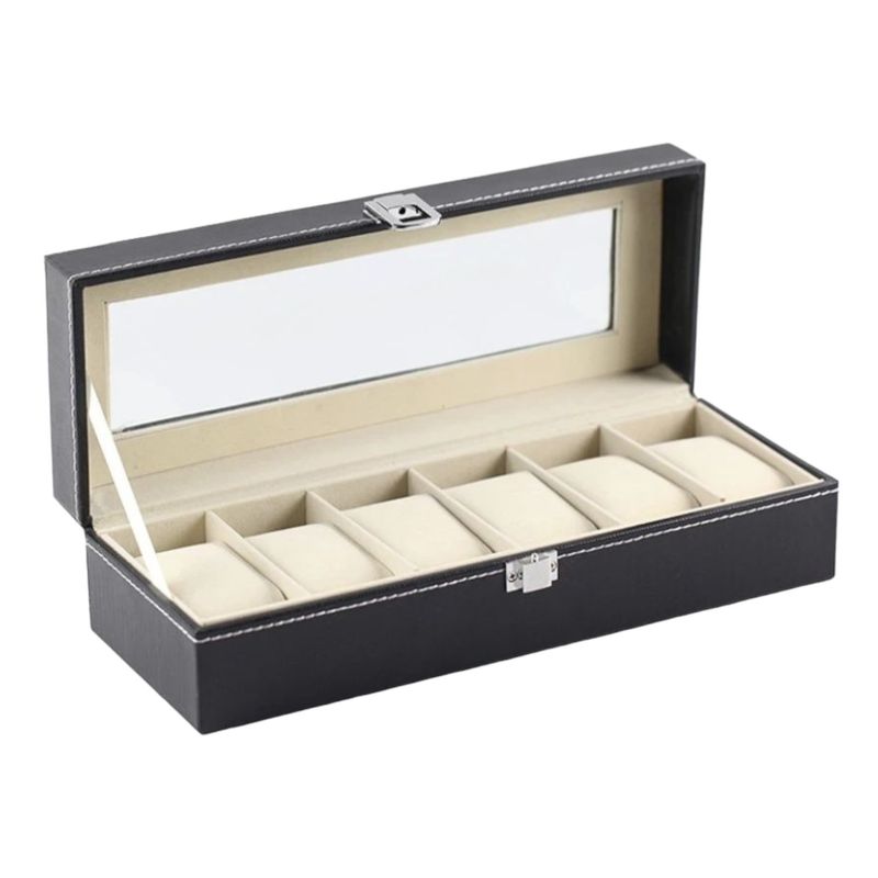 GENERICO - Estuche Caja Organizadora 6 Relojes En Cuero Negro Sintético