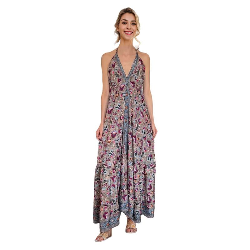 FRIOLENTA - Vestido Boho Largo Hindu Estampado Arabescos Ajustable