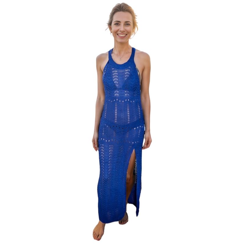 FRIOLENTA - Vestido De Playa Largo con Transparencia Mujer Salida de Baño - Azul