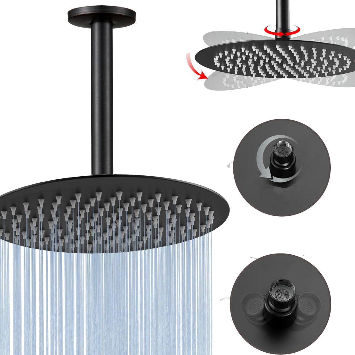 GENERICO - Regadera Ducha Soffitto Color Negro 20cm Mate-tubo Techo