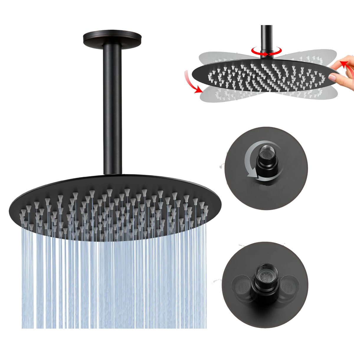 GENERICO - Regadera Ducha Soffitto Color Negro 20cm Mate-tubo Techo