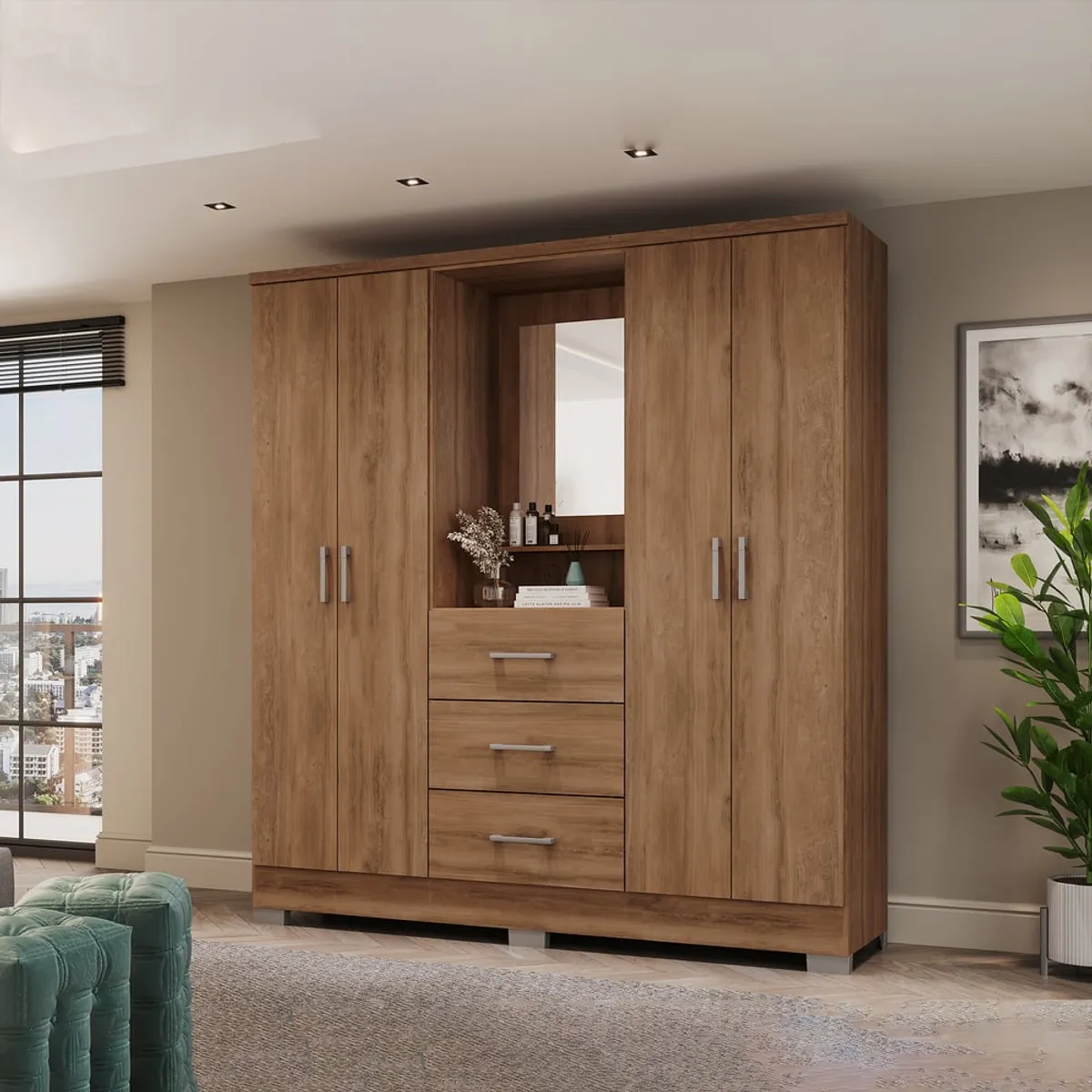 BERTOLINI - Closet armario 160cm 4 puertas 3 cajones en MDP Freijo