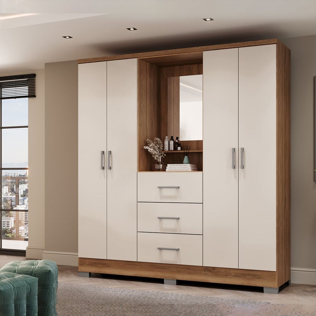 BERTOLINI - Closet armario 160cm 4 puertas 3 cajones en MDP Freijo con Beige