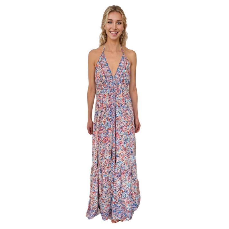 FRIOLENTA - Vestido Largo Boho Hindu Estampado Maxi Vestido Multicolor