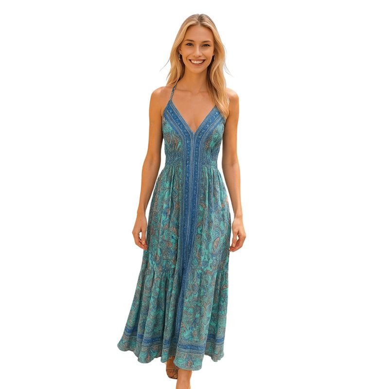 FRIOLENTA - Vestido Hindu Maxi Vestido Largo Estampado  Arabescos Verano Turquesa