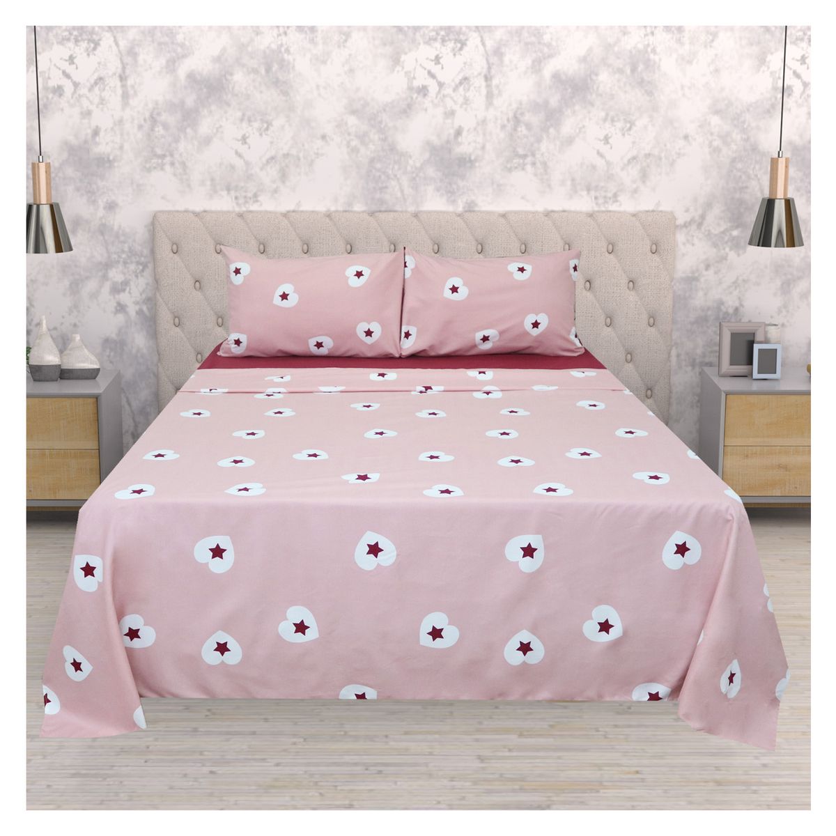 HOMETEX - SABANA MANZANA DOBLE COMBINADA ROSADA Y ROJO