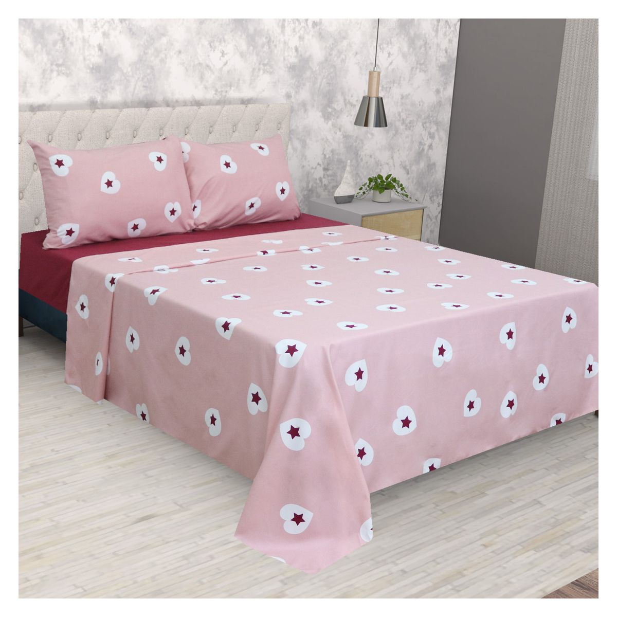 HOMETEX - SABANA MANZANA DOBLE COMBINADA ROSADA Y ROJO