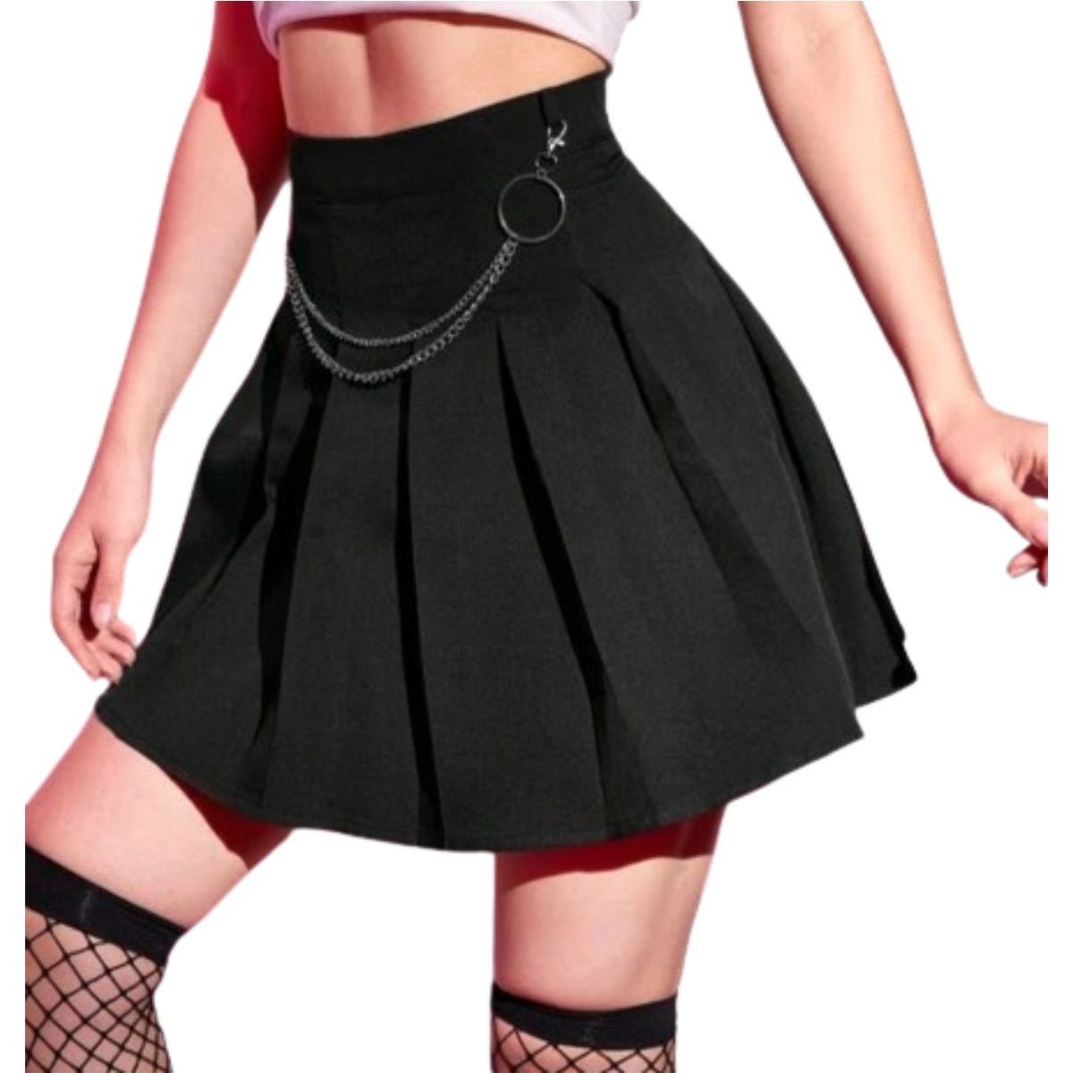 RAINBOW MODA - Falda plisada con Cadenas Mujer Negra Blanco