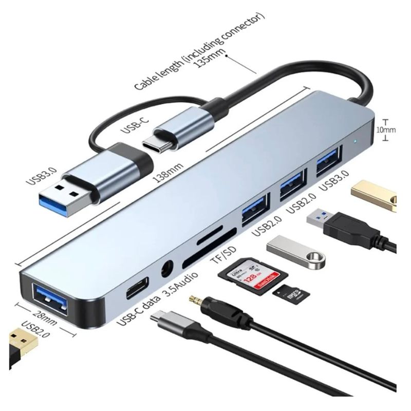 GENERICO - Multi Hub Concentrador 8 en 2 USB A USB C Tarjeta SD Audio