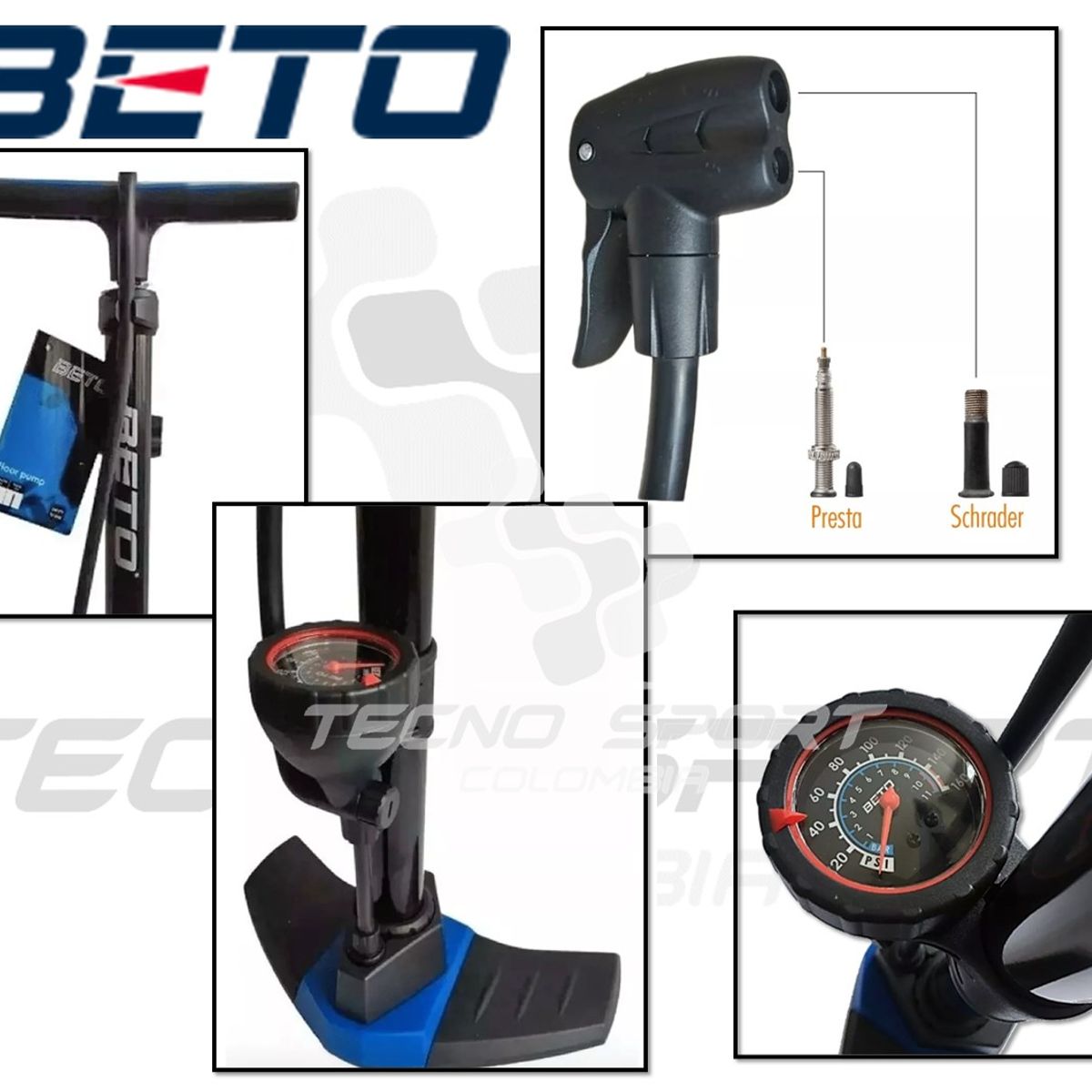 BETO - Inflador Piso Bomba Aire Bicicleta Beto Con Manometro 160psi