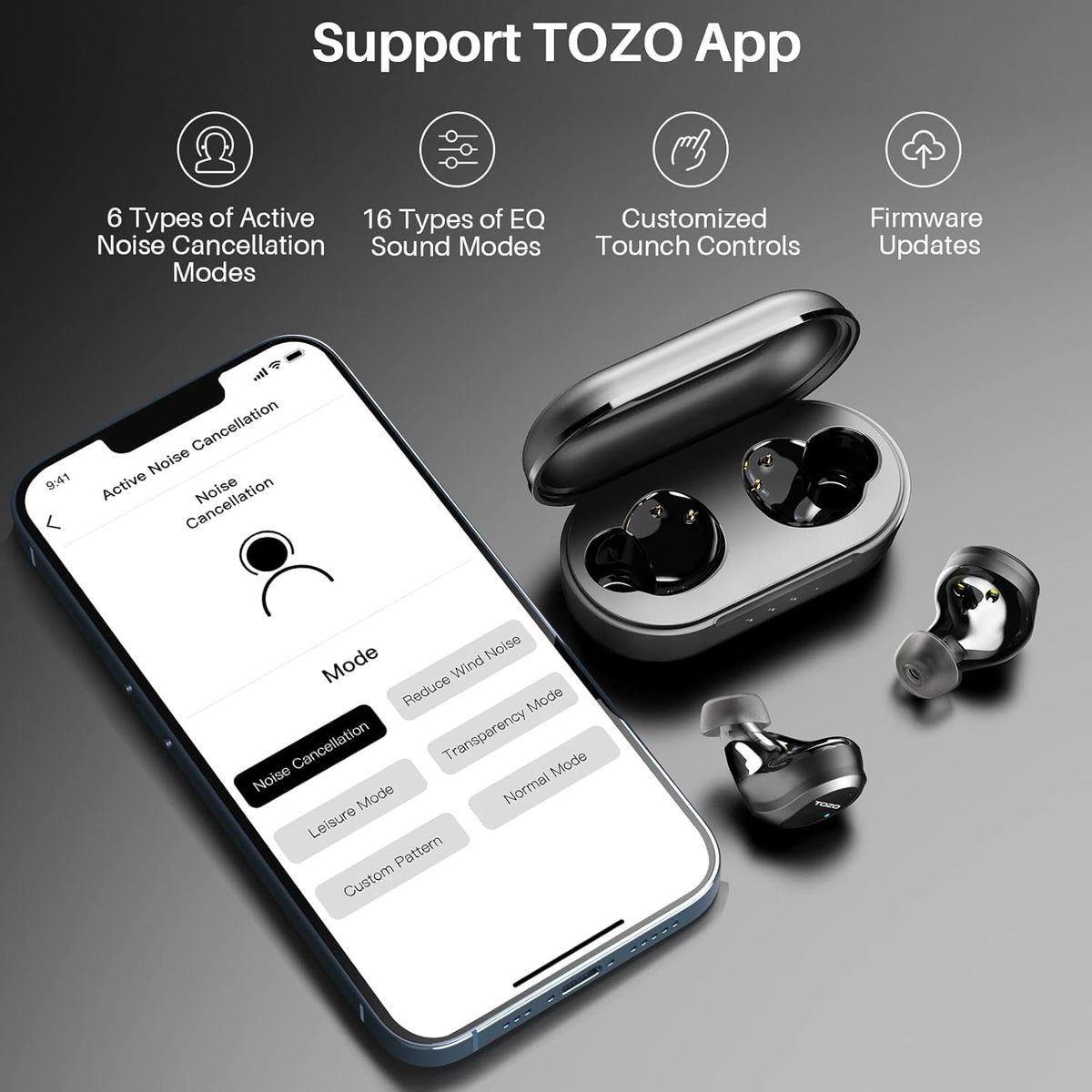TOZO - Auriculares TOZO NC9 Pro TWS Bluetooth cancelación activa ruido NEGRO