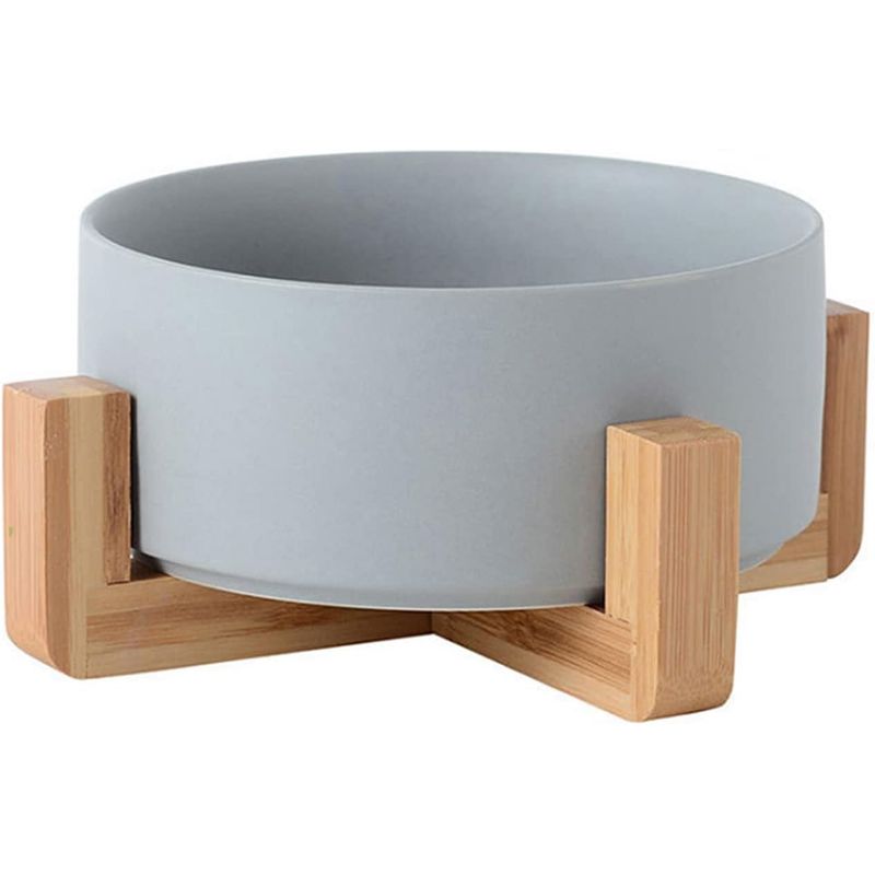 CATLIKE - Comedero O Bebedero Cerámica Y Madera Para Mascotas Gris