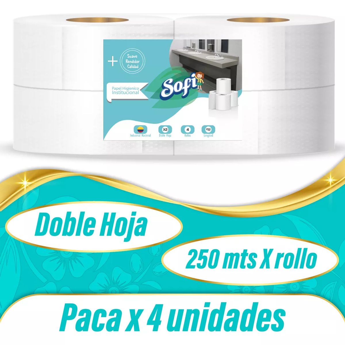 SOFI - Papel Higiénico Jumbo Institucional 250mts X4 Und Marca Sofi