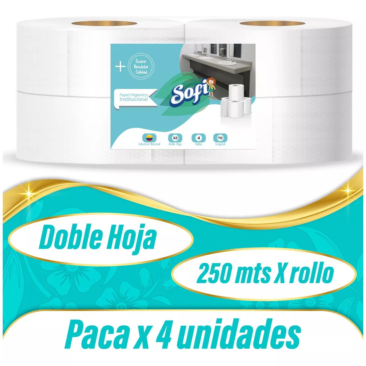 SOFI - Papel Higiénico Jumbo Institucional 250mts X4 Und Marca Sofi