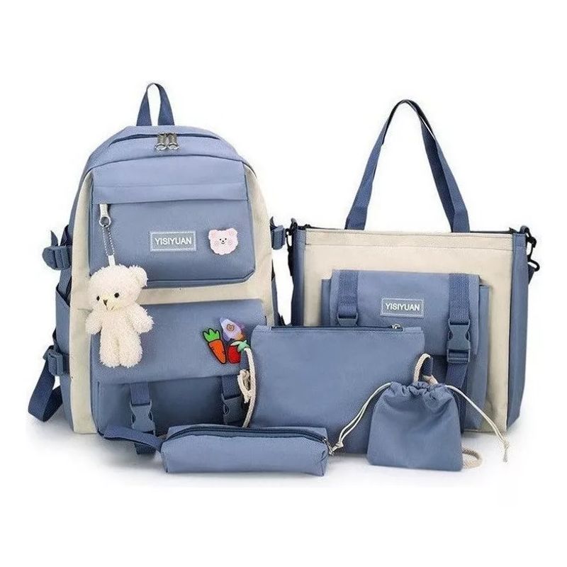GENERICO - Maleta mochila morral bolso estuche escolar viajero 5 piezas azul
