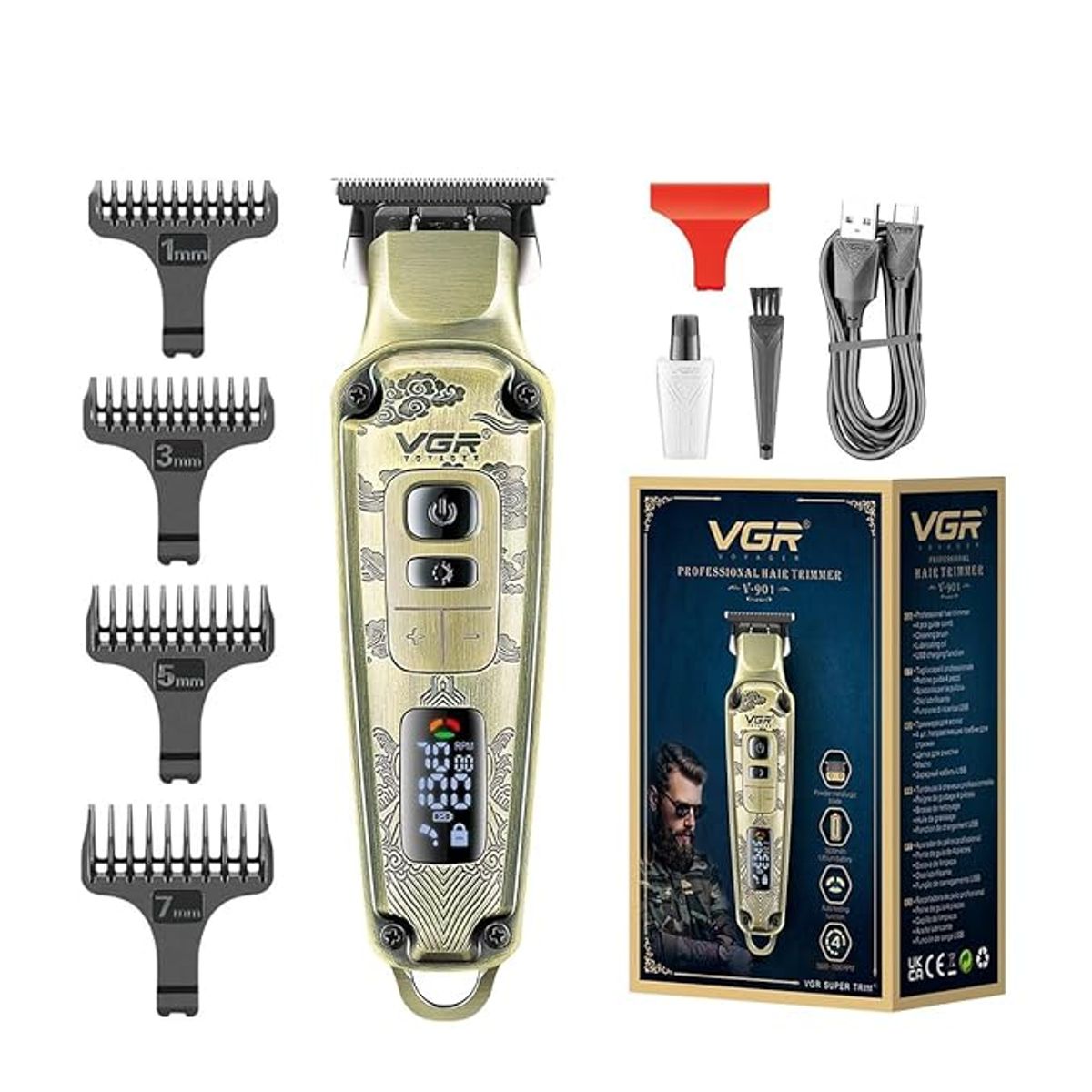 VGR - Cortadora de cabello con carcasa de metal premium VGR 901 Pantalla LED