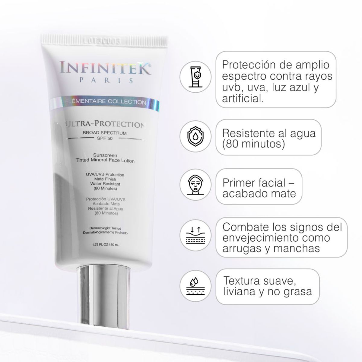 INFINITEK PARIS - Protector Solar Facial Infinitek Paris SPF 50 Color Universal – Acabado mate y ligero 50 ml