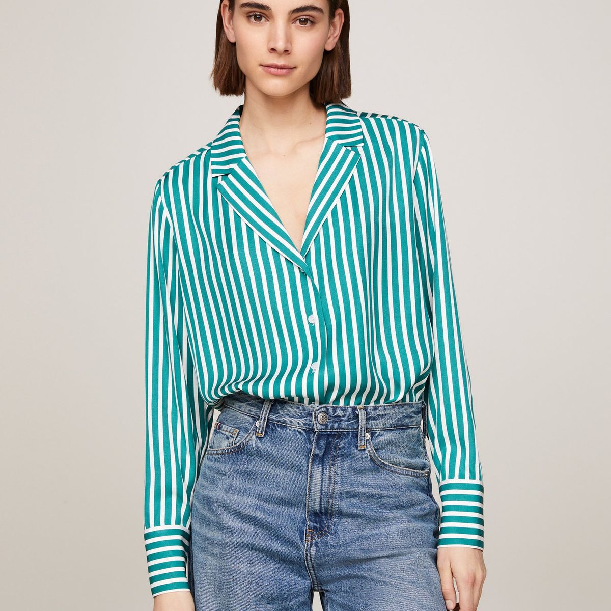 TOMMY HILFIGER - Camisa verde de rayas con corte amplio Tommy Hilfiger