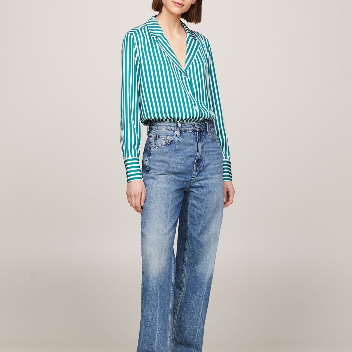 TOMMY HILFIGER - Camisa verde de rayas con corte amplio Tommy Hilfiger